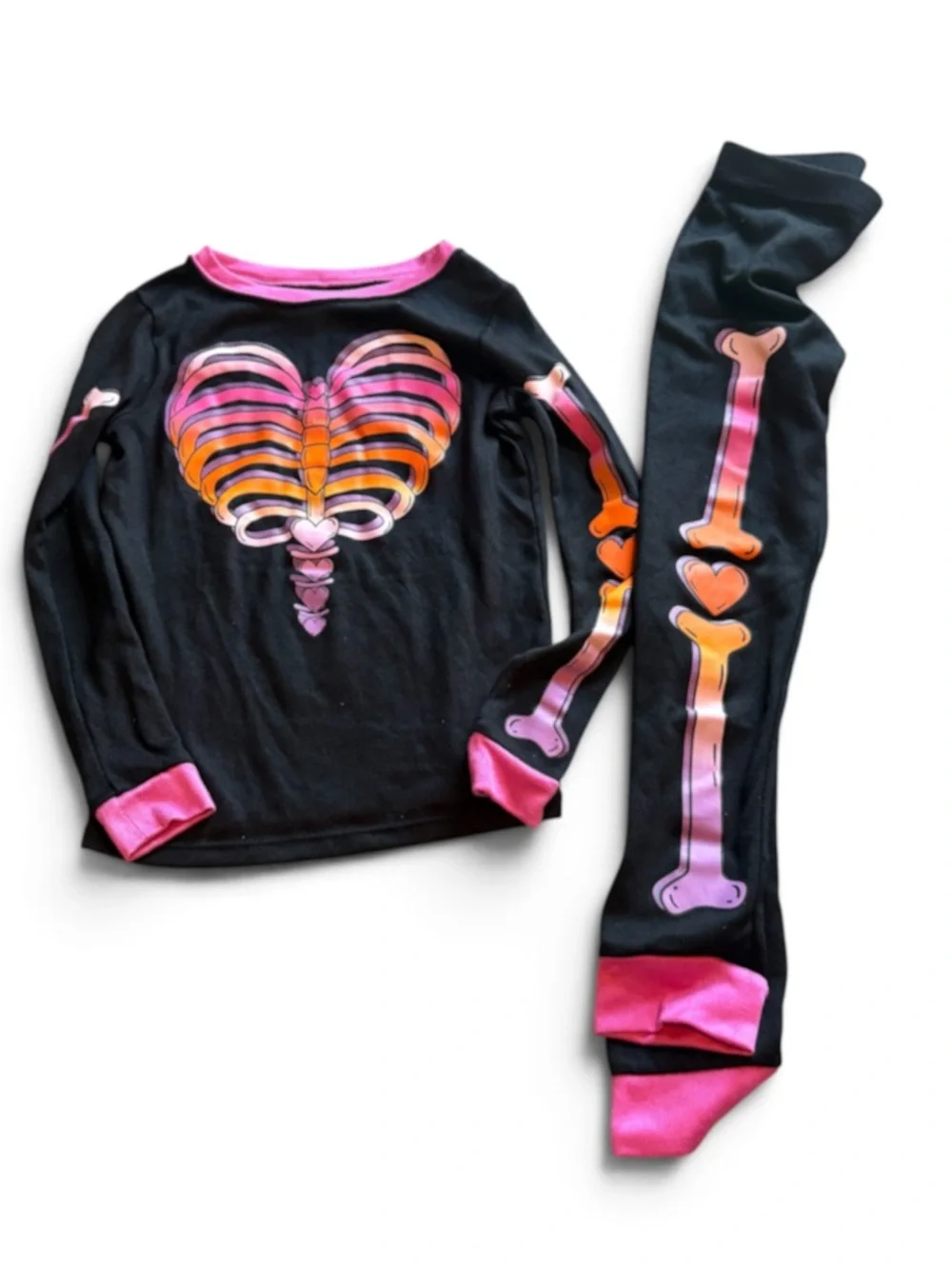 Wonder Nation Halloween Pajama Set Sz 7 skeleton heart Pink Gradient Orange